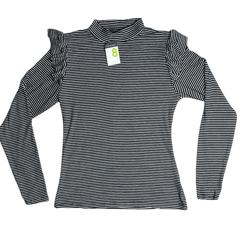 NWT Primark Striped Mock Neck Long Sleeve Top with Ruffle Shoulders - size 8